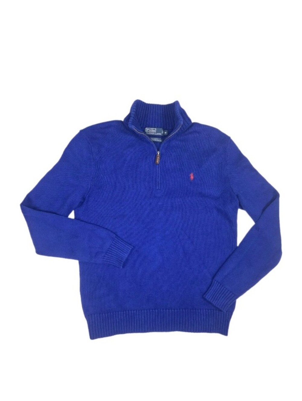 Polo Ralph Lauren Vintage Quarter Zip Knit Cotton Sweater Size M Blue Preppy 90s